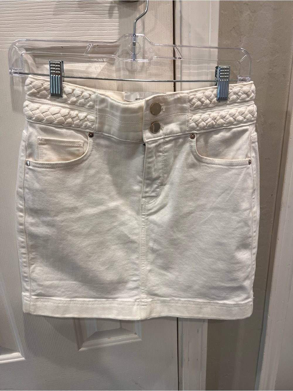 White House Black Market Cream Braided-Waist Denim Pencil Skirt